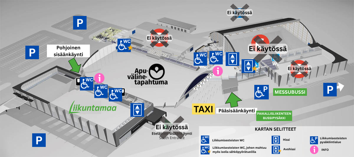 Esteettömyyskartta, johon on merkitty muun muassa inva-wc:t ja hissit.