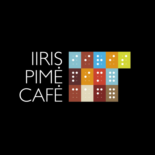 Pime Cafe logo, mustalla pohjalla värikkäissä kuutioissa pistekirjoituksella kirjoitettuna.