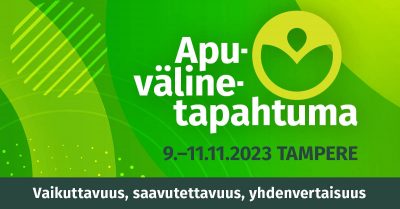 Apuväline 2023 -tapahtuman logo ja päiväys vihreän kirjavalla pohjalla.