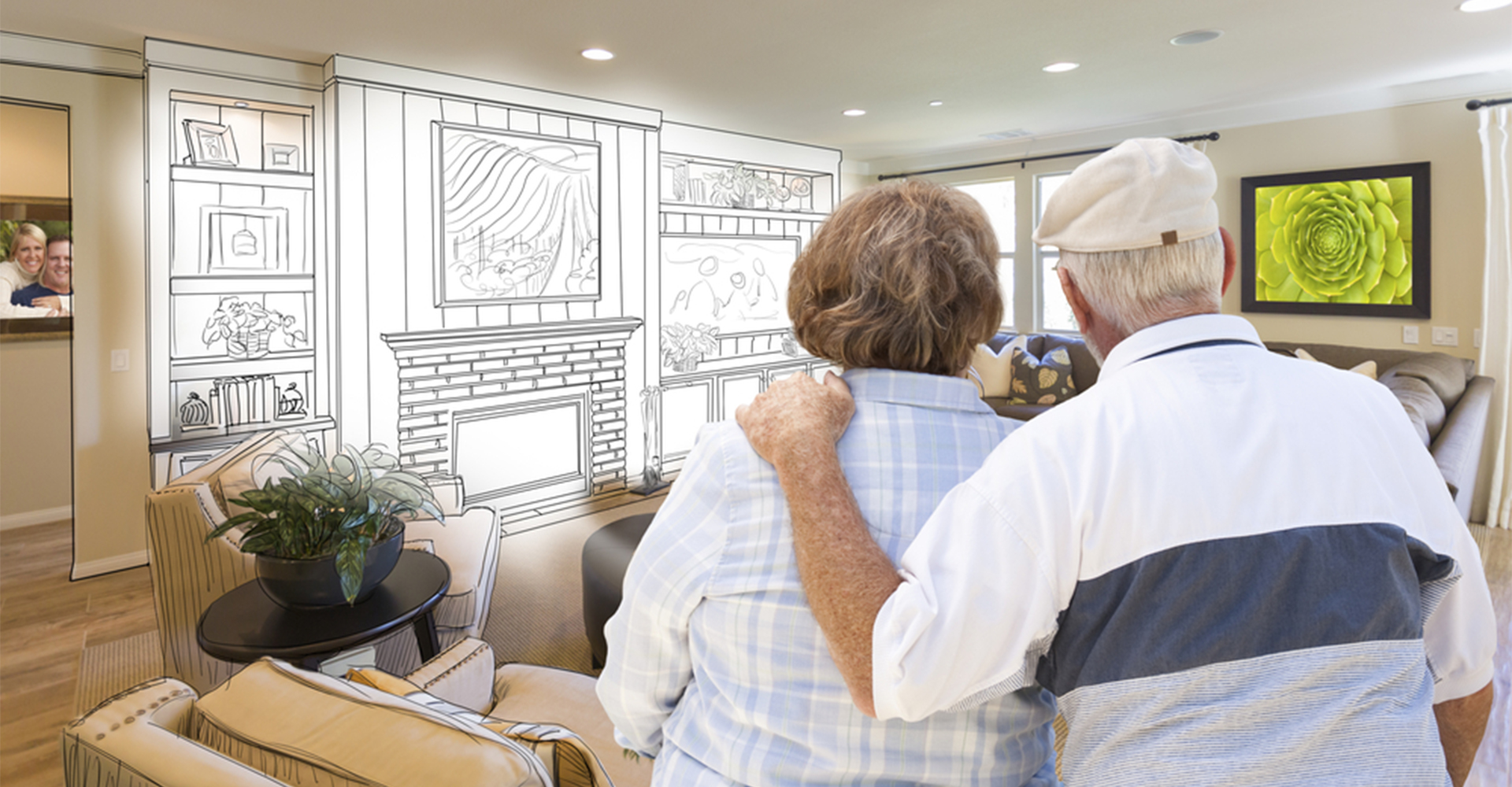 Ikääntynyt pariskunta katselee kodin olohuonetta, mikä on piirrosmaisesti suunniteltu sopivaksi. // Vanhustyön keskusliitto